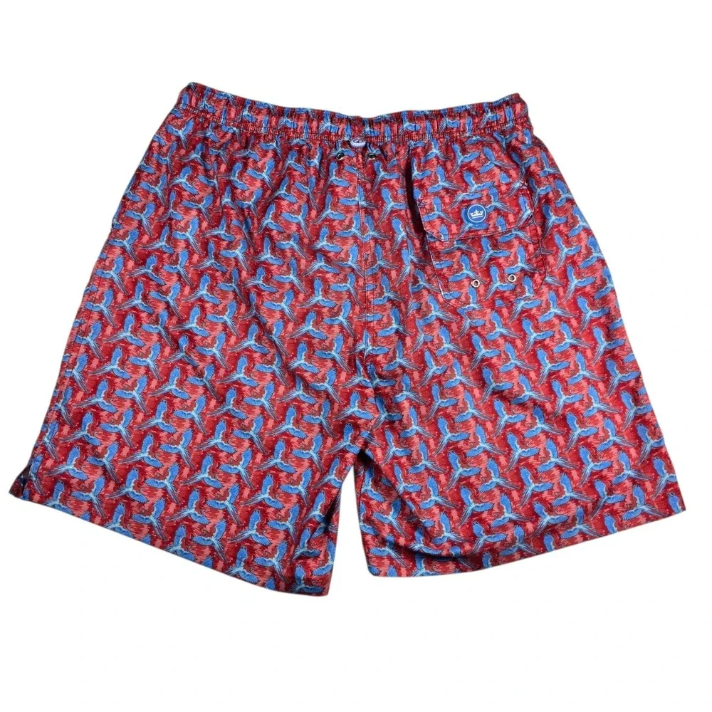 Peter Millar Mens Seaside Collection Red/Blue Parrot AOP Swim Trunk Shorts Sz XL